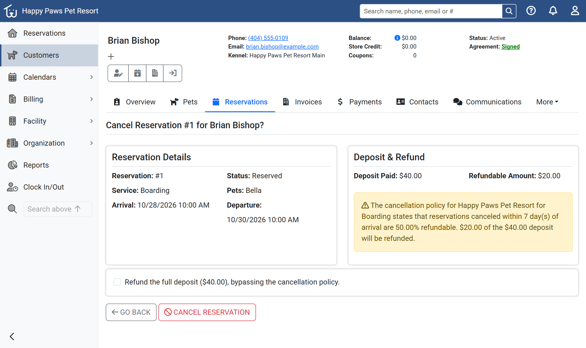 The staff Cancel page with the full-refund checkbox