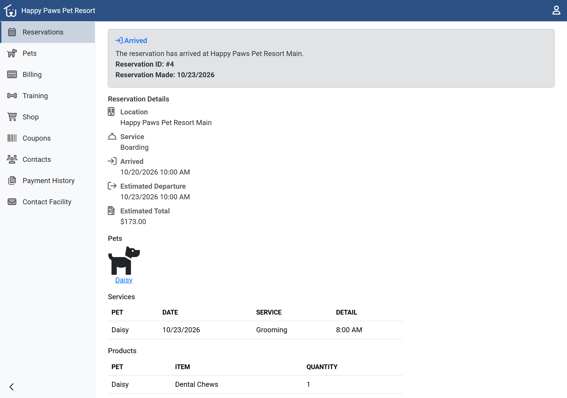 The reservation in the Pet Parent Portal