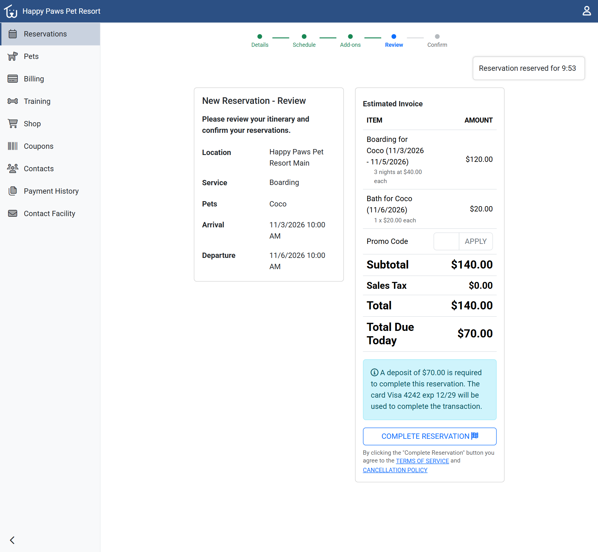 The Review step in the Pet Parent Portal