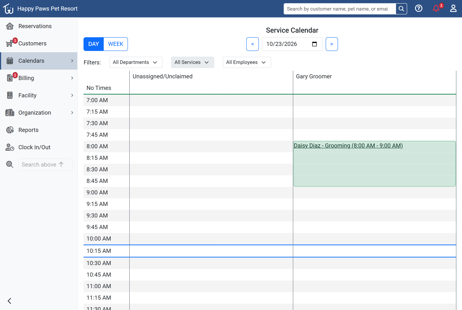 The Service Calendar with the grooming appointment in the groomer's column