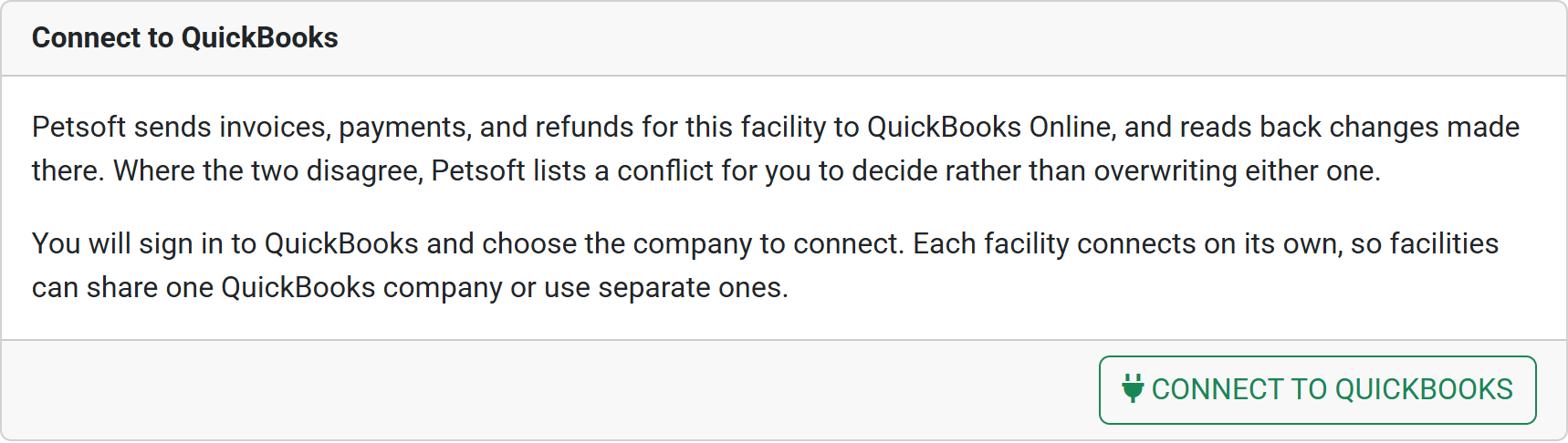 The Connect to QuickBooks panel on an unconnected facility's page