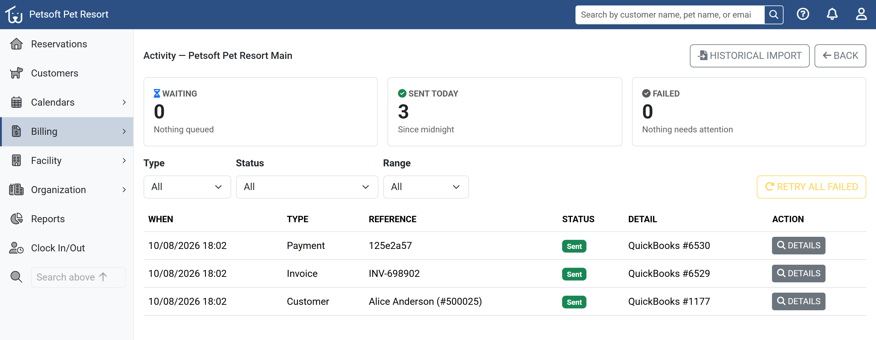 The QuickBooks Activity page listing records sent today