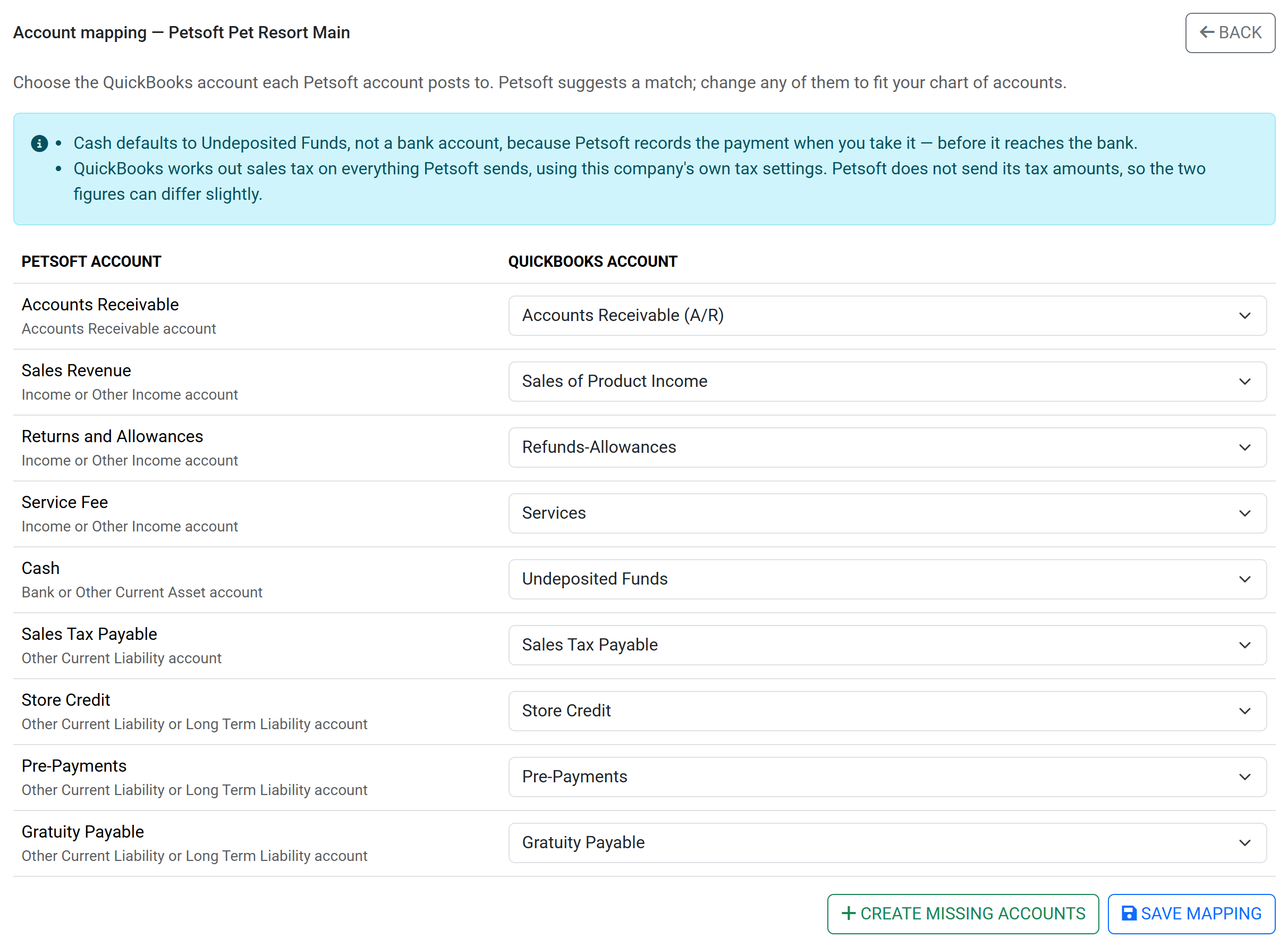 Página Asignación de cuentas con las sugerencias de Petsoft